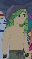 Size: 463x845 | Tagged: safe, screencap, orange sunrise, sandalwood, victoria, better together, equestria girls, spring breakdown, clothes, cropped, male, offscreen character, partial nudity, shorts, topless