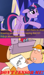 Size: 881x1492 | Tagged: safe, edit, edited screencap, screencap, twilight sparkle, twilight sparkle (alicorn), unicorn twilight, alicorn, human, pony, unicorn, what about discord?, angry, chris griffin, crossover, family guy, female, floppy ears, implied zebra, lois griffin, mare, meg griffin, meme, n word, pencil drawing, sad, stewie griffin, style emulation, traditional art, vulgar, ziggers