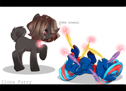 Size: 3600x2600 | Tagged: safe, artist:ilona furry, oc, oc:hellfire, earth pony, pegasus, pony, pony creator, blue fur, bowtie, cyrillic, russian, tickle torture, tickling