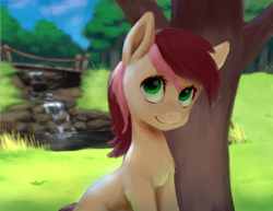 Size: 1994x1540 | Tagged: artist needed, source needed, safe, roseluck, earth pony, pony, bridge, cat tail, depth of field, female, forest, looking at you, mare, pond, river, smiling, solo, stream, tree