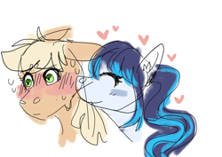 Size: 1060x750 | Tagged: safe, artist:meepxmorp, derpibooru import, applejack, coloratura, earth pony, pony, blushing, cuddling, cute, female, heart, kiss on the cheek, kissing, lesbian, love, nervous, nervous sweat, rara, rarajack, shipping