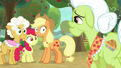 Size: 1280x720 | Tagged: safe, derpibooru import, screencap, apple bloom, applejack, goldie delicious, granny smith, earth pony, pony, going to seed, apple, apple tree, tree