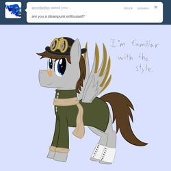 Size: 1280x1280 | Tagged: safe, artist:phoenixswift, oc, oc:fuselight, pegasus, pony, ask fuselight, clothes, male, solo, stallion, steampunk