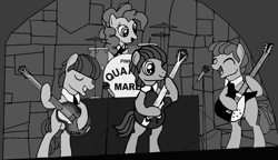 Size: 2238x1288 | Tagged: safe, artist:dr nick taco, derpibooru import, pinkie pie, earth pony, pony, party pooped, band, george harrison, john lennon, lonely hearts, monochrome, music, musical instrument, northern song, paul mccartney, ponified, strawberry fields, the beatles, vintage