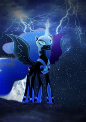 Size: 2243x3188 | Tagged: artist needed, source needed, safe, nightmare moon, alicorn, pony, female, lightning, majestic, mare, moon, solo, spread wings, wings