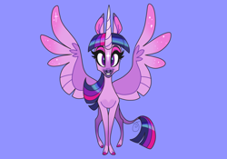 Size: 1280x896 | Tagged: safe, artist:janegumball, twilight sparkle, twilight sparkle (alicorn), alicorn, classical unicorn, pony, unicorn, cloven hooves, female, leonine tail, mare, smiling, solo, spread wings, unshorn fetlocks, wings