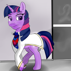 Size: 2000x2000 | Tagged: safe, artist:furrycat24, twilight sparkle, pony, unicorn, fallout equestria, clothes, fanfic, fanfic art, female, frown, hooves, horn, lidded eyes, mare, ministry mares, purple eyes, solo, uniform, walking