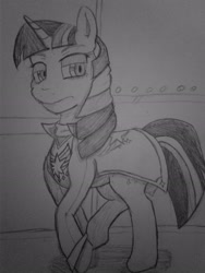 Size: 1932x2576 | Tagged: safe, artist:furrycat24, twilight sparkle, pony, unicorn, fallout equestria, clothes, female, frown, horn, lidded eyes, mare, ministry mares, monochrome, sketch, solo, traditional art, uniform, walking