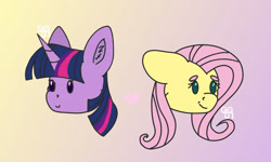 Size: 1024x615 | Tagged: safe, artist:ghostygirl01, artist:ghostygirl02, derpibooru import, fluttershy, twilight sparkle, pegasus, pony, chibi, disembodied head, female, gradient background, head, heart, lesbian, shipping, twishy