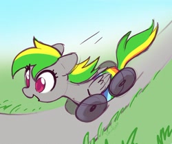 Size: 1200x1007 | Tagged: safe, artist:dawnfire, oc, oc only, oc:wheely bopper, original species, pegasus, female, floppy ears, happy, open mouth, road, solo, wheelpone, wings