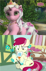 Size: 864x1344 | Tagged: safe, screencap, roseluck, earth pony, pony, unicorn, student counsel, comparison, female, filly (filly funtasia), filly funtasia, flower, flower in hair, glue, mare, raised eyebrow, rose, rose (filly funtasia), solo, spoiler for another series