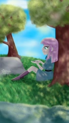 Size: 1500x2668 | Tagged: dead source, safe, artist:starriglo, boulder (pet), maud pie, equestria girls, dappled sunlight, female, sitting, tree