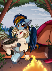 Size: 2550x3509 | Tagged: safe, artist:pridark, oc, oc only, oc:aida, oc:skysail, bat pony, hippogriff, pony, bat pony oc, campfire, camping, commission, female, hippogriff oc, log, male, mare, oc x oc, shipping, sitting, smiling, stallion, tent, tree