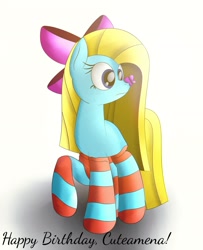 Size: 1919x2363 | Tagged: safe, artist:visionwing, oc, oc only, oc:cuteamena, butterfly, pony, bow, clothes, confused, shadow, socks, solo, striped socks, sunlight