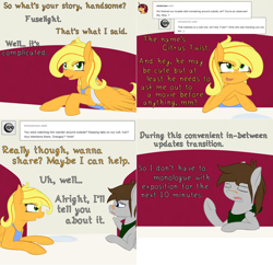 Size: 2002x1935 | Tagged: safe, artist:phoenixswift, oc, oc only, oc:citrus twist, oc:fuselight, pegasus, pony, ask, ask fuselight, female, fourth wall, male, mare, stallion, tumblr