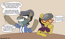 Size: 1521x927 | Tagged: safe, artist:strebiskunk, a.k. yearling, daring do, doctor caballeron, earth pony, pegasus, pony, daring doubt, beard, blushing, cape, clothes, dialogue, duo, facial hair, fake beard, female, fujoshi, game of thrones, glasses, groom q.q. martingale, harry potter, hat, implied incest, implied mutilation, male, mare, speech bubble, stallion