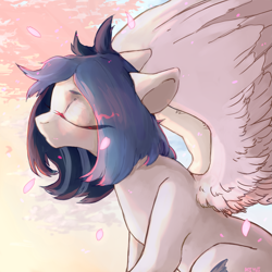 Size: 2449x2449 | Tagged: safe, artist:aoiyui, oc, oc only, pegasus, pony, eyes closed, female, flower petals, mare, petals, solo, spread wings, wings