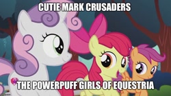 Size: 888x499 | Tagged: safe, artist:jawsandgumballfan24, edit, edited screencap, screencap, apple bloom, scootaloo, sweetie belle, earth pony, pegasus, pony, unicorn, crusaders of the lost mark, caption, cutie mark crusaders, image macro, text