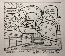 Size: 2048x1782 | Tagged: safe, artist:coaldustthestrange, sunburst, pony, unicorn, board game, cape, clothes, glasses, inktober, inktober 2019, solo, traditional art, word balloon