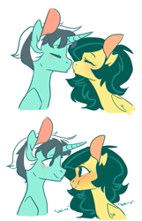 Size: 483x750 | Tagged: safe, artist:laceymod, oc, oc only, oc:lemongrass, oc:static wave, alicorn, pegasus, pony, female, kissing, male, mare, stallion