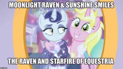 Size: 400x225 | Tagged: safe, artist:jawsandgumballfan24, edit, edited screencap, screencap, moonlight raven, sunshine smiles, pony, unicorn, canterlot boutique, caption, female, image macro, text