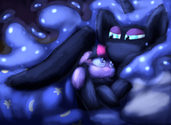 Size: 2160x1584 | Tagged: safe, artist:firefanatic, nightmare moon, twilight sparkle, twilight sparkle (alicorn), alicorn, pony, bed, blanket, fluffy, pillow, scrunchy face, smiling, snuggling, wing blanket