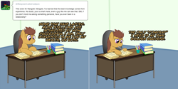 Size: 1596x800 | Tagged: safe, artist:aimeelovesu, oc, oc:marigold, earth pony, pony, ask, ask pun, desk, female, mare, paper, solo