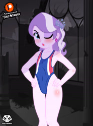 Size: 1920x2600 | Tagged: safe, artist:theminus, diamond tiara, equestria girls, armpits, clothes, female, jailbait, one eye closed, one-piece swimsuit, patreon, patreon logo, solo, swimsuit, wink