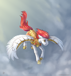 Size: 2500x2700 | Tagged: safe, artist:yarugreat, oc, oc only, pegasus, pony, armor, floppy ears, flying, guardian, pegasus oc, sky, solo, wingblade