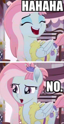 Size: 272x522 | Tagged: safe, color edit, edit, edited screencap, screencap, kerfuffle, pegasus, pony, rainbow roadtrip, colored, exploitable meme, female, folded wings, haha no, hair accessory, mare, meme, sarcasm, saturated, wings