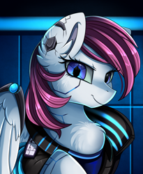 Size: 1443x1764 | Tagged: safe, artist:pridark, oc, oc only, oc:astral heart, pegasus, pony, augmented, clothes, cyberpunk, female, looking at you, mare, smiling, solo