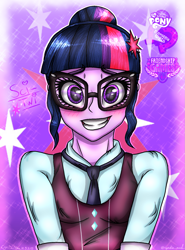 Size: 1287x1742 | Tagged: safe, artist:cyntia-art, sci-twi, twilight sparkle, equestria girls, friendship games, adorkable, blushing, bust, clothes, crystal prep academy uniform, cute, cutie mark background, dork, female, looking at you, school uniform, smiling, solo, twiabetes