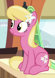 Size: 242x339 | Tagged: safe, screencap, lily, lily valley, earth pony, pony, growing up is hard to do, background pony, cropped, cute, female, flower, flower in hair, lily (flower), lilybetes, mare, sitting, smiling, solo, train