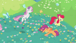 Size: 2000x1124 | Tagged: safe, screencap, apple bloom, scootaloo, sweetie belle, butterfly, earth pony, insect, pegasus, pony, unicorn, growing up is hard to do, being big is all it takes, cutie mark, cutie mark crusaders, eyes closed, face down, faceplant, female, flower, frolicking, leaping, mare, meadow, older, older apple bloom, older cmc, older scootaloo, older sweetie belle, the cmc's cutie marks
