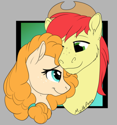 Size: 764x816 | Tagged: safe, artist:mythpony, bright mac, pear butter, pony, brightbutter, bust, female, male, portrait, shipping, straight