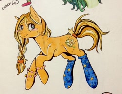 Size: 1017x786 | Tagged: safe, artist:karamboll, oc, oc only, oc:karamboll, earth pony, pony, blue, braid, carambola, clothes, jewelry, marker drawing, socks, solo, traditional art, yellow