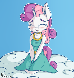 Size: 1141x1200 | Tagged: safe, artist:neko-me, sweetie belle, anthro, :p, apple bloomers, blushing, breasts, clothes, cloud, dress, eyes closed, female, filly, older, silly, solo, sweetie boobs, tongue out