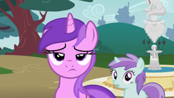 Size: 1920x1080 | Tagged: safe, screencap, amethyst star, liza doolots, petunia, sparkler, tootsie flute, pony, unicorn, the mysterious mare do well, amethyst star is not amused, background pony, duo, duo female, female, filly, fountain, mare, statue, tree, unamused