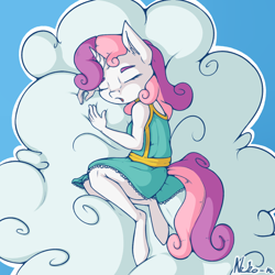 Size: 1200x1200 | Tagged: safe, artist:neko-me, sweetie belle, anthro, apple bloomers, breasts, clothes, cloud, dress, eyes closed, female, filly, lying on a cloud, older, sleeping, sweetie boobs