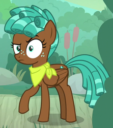 Size: 522x587 | Tagged: safe, screencap, spur, pegasus, pony, growing up is hard to do, bandana, cropped, female, raised eyebrow, raised hoof, ringlets, solo, teenager