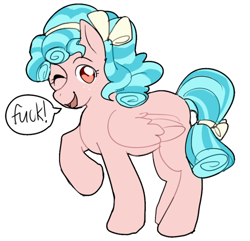 Size: 500x482 | Tagged: safe, artist:doctorcoat, cozy glow, pegasus, pony, dialogue, female, fuck, heart eyes, missing cutie mark, one eye closed, one word, open mouth, pure concentrated unfiltered evil of the utmost potency, simple background, solo, speech bubble, subversive kawaii, vulgar, white background, wingding eyes, wink