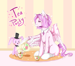 Size: 2900x2550 | Tagged: safe, artist:karamboll, pegasus, pony, rabbit, animal, carpet, clothes, eyes closed, food, pink, pot, sitting, socks, solo, tea, tea party, toy, using wings, wall