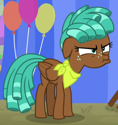 Size: 442x468 | Tagged: safe, screencap, spur, pegasus, pony, growing up is hard to do, balloon, bandana, cropped, faic, female, pouting, ringlets, solo, teenager