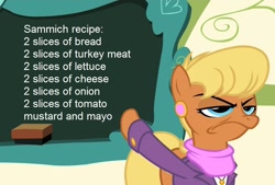 Size: 880x595 | Tagged: safe, edit, edited screencap, screencap, ms. harshwhinny, flight to the finish, chalkboard, cropped, exploitable meme, food, grumpy, implied ponies eating meat, meme, ms. harshwhinny's professional chalkboard, obligatory pony, recipe, sandwich, solo