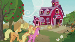 Size: 640x360 | Tagged: safe, derpibooru import, screencap, applejack, big macintosh, little mac, luster dawn, sugar belle, earth pony, pony, unicorn, the last problem, animated, aunt and nephew, aunt applejack, colt, cuddling, family, father and child, father and son, female, gif, hug, male, mare, mother and child, mother and son, older, older big macintosh, parent and child, shipping, spoiler, stallion, straight, sugarmac, sweet apple acres