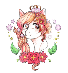 Size: 1769x1897 | Tagged: safe, artist:karamboll, earth pony, pony, beautiful, braid, bust, cute, detailed, flower, food, head, many details, orange, pink, portrait, solo, spots, syrup, waffle