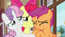 Size: 1920x1080 | Tagged: safe, screencap, apple bloom, scootaloo, sweetie belle, earth pony, pegasus, pony, unicorn, the last crusade, :c, cutie mark crusaders, female, filly, foal, frown, sad, teary eyes, trio