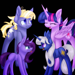Size: 1024x1024 | Tagged: safe, artist:mewthebubble, star tracker, twilight sparkle, twilight sparkle (alicorn), oc, oc:dawn light, oc:midnight lantern, alicorn, earth pony, pony, unicorn, black background, blank flank, colored pupils, description is relevant, ear fluff, eyebrows visible through hair, eyes closed, female, male, nose wrinkle, offspring, open mouth, parent:star tracker, parent:twilight sparkle, parents:twitracker, shipping, sibling rivalry, simple background, story included, straight, tongue out, twitracker