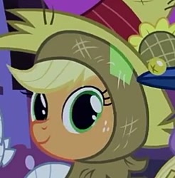 Size: 281x285 | Tagged: safe, derpibooru import, screencap, applejack, earth pony, pony, luna eclipsed, clothes, costume, cropped, cute, happy, jackabetes, nightmare night costume, scarecrow, solo focus