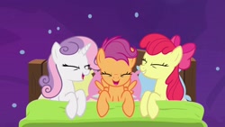 Size: 1920x1080 | Tagged: safe, screencap, apple bloom, scootaloo, sweetie belle, earth pony, pegasus, pony, unicorn, growing up is hard to do, bed, being big is all it takes, cutie mark crusaders, eyes closed, female, mare, older, older apple bloom, older cmc, older scootaloo, older sweetie belle, space, trio